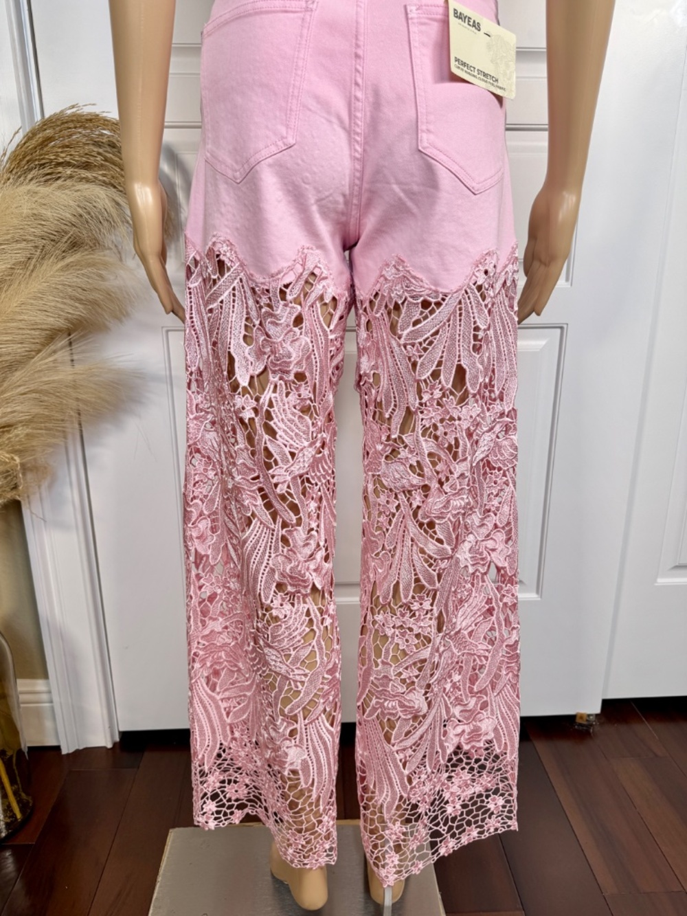 PINK HIGH WAIST CRYSTAL EMBELLISHED CURVE HUGGING WIDE LEG LACE JEANS - Picture 11 of 15